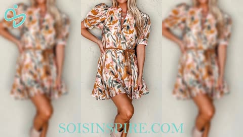 Printed Notched Short Sleeve Mini Dress
