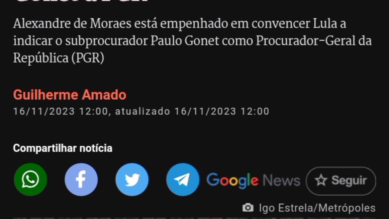 Guilherme Amado: Alexandre de Moraes volta a defender a Lula indicação de Gonet à PGR Alexandre de Moraes está empenhado em convencer Lula a indicar o subprocurador Paulo Gonet como Procurador-Geral da República (PGR)