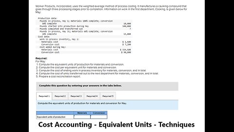 Cost Accounting: Worker Products, Incorporated, uses the weighted-average method of process costing