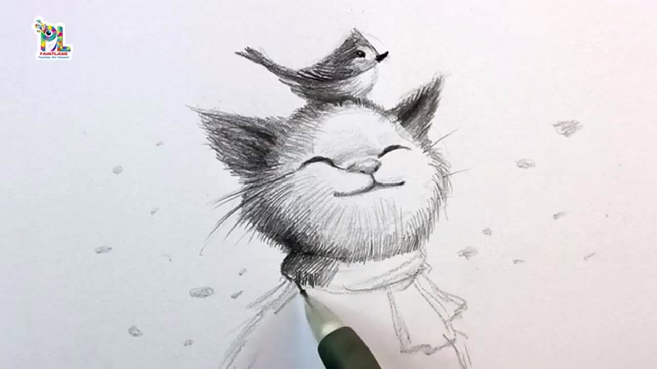 Drawing A Cat is Playing with a bird || Easy Pencil Art