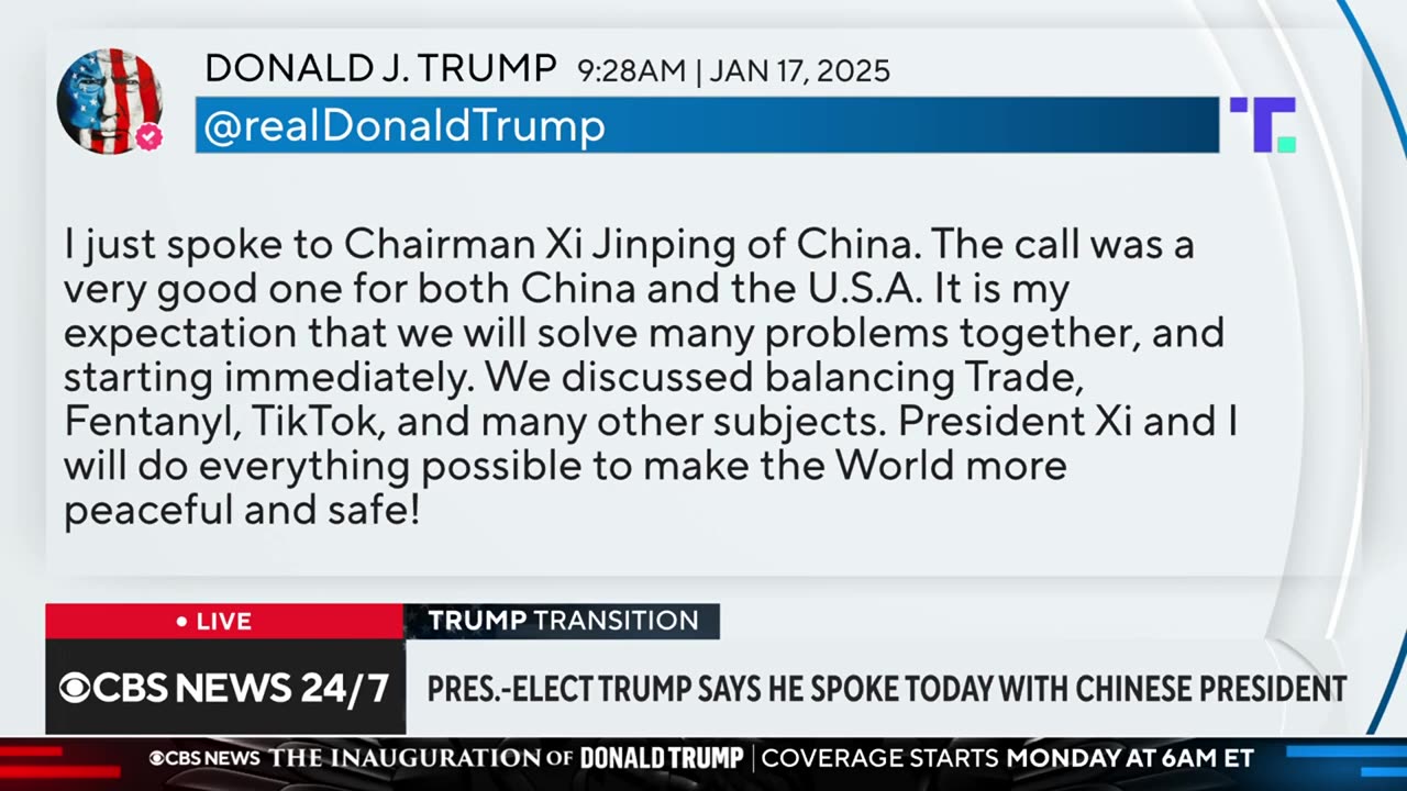 Trump says he spoke with Chinese President Xi Jinping