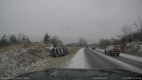 Car Slides Off Icy Road and Rolls Over