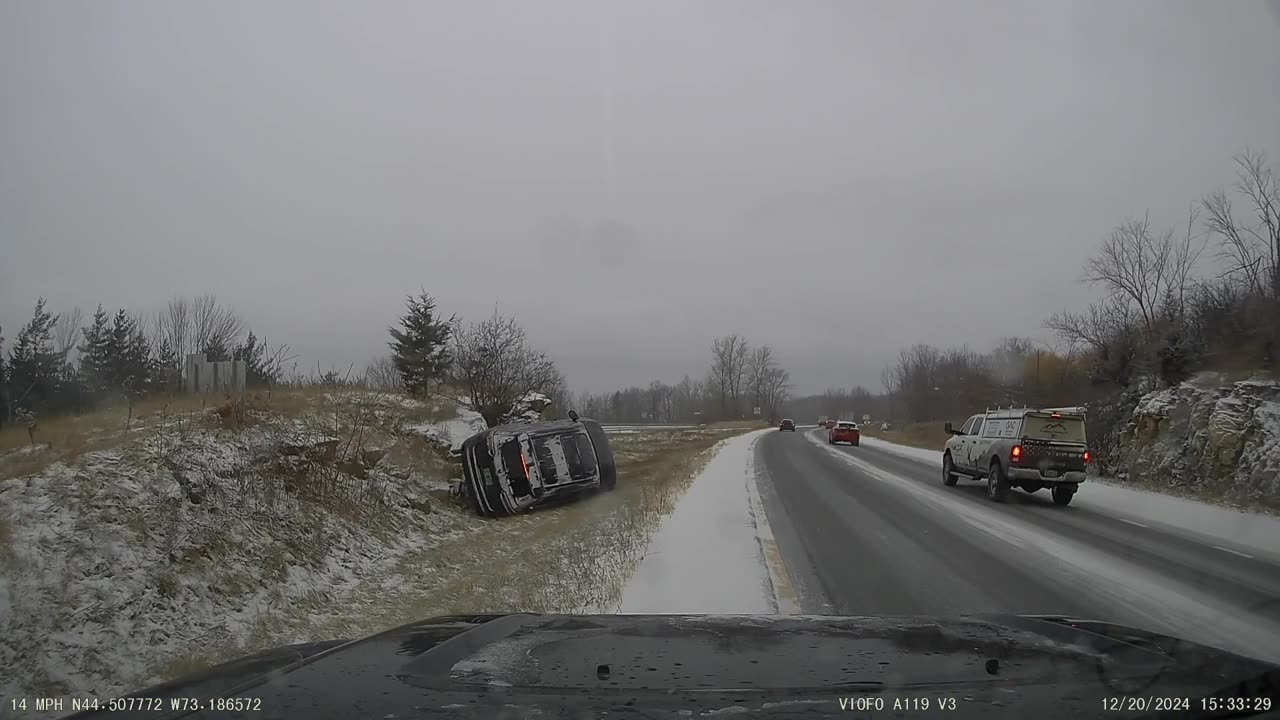 Car Slides Off Icy Road and Rolls Over