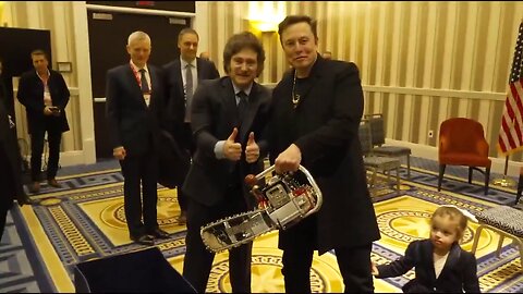 President of Argentina Javier Milei gifts Elon Musk a DOGE chainsaw.