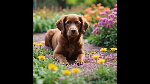 A Person With A Cute Brown Puppy Playing With A Tennis Ball On A Flower Bed In The Gardens