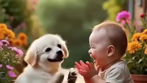 cute boy playing with puppy.