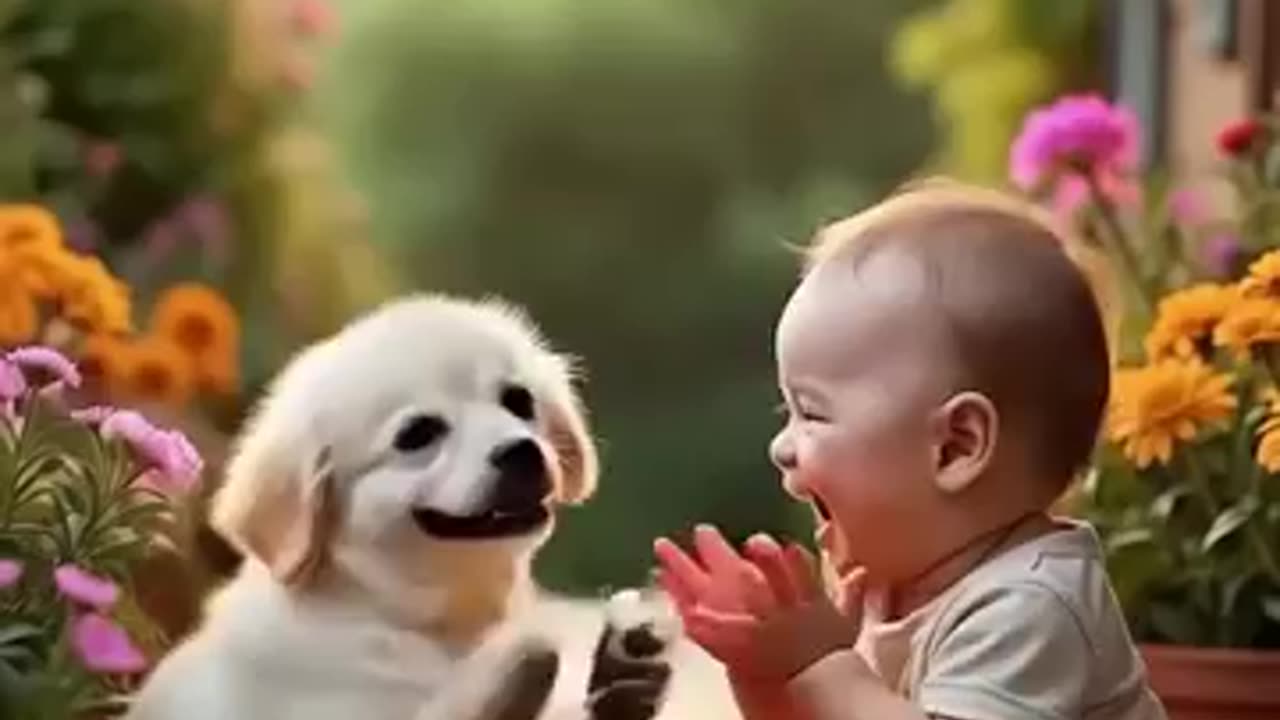 cute boy playing with puppy.