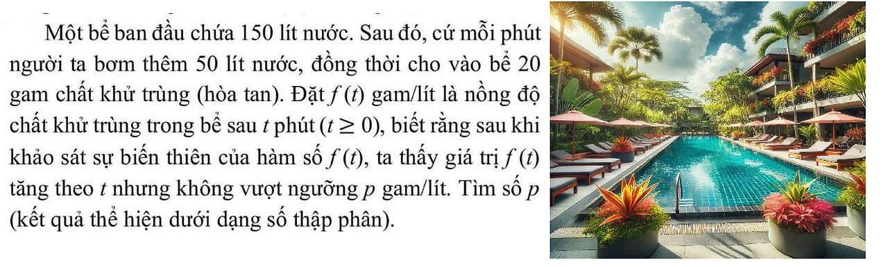 Một bể ban đầu chứa 150 lít nước. Sau đó, cứ mỗi phút người ta bơm thêm 50 lít nước