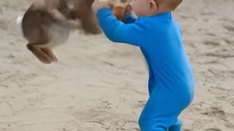 A boxer Kid and a rabbit