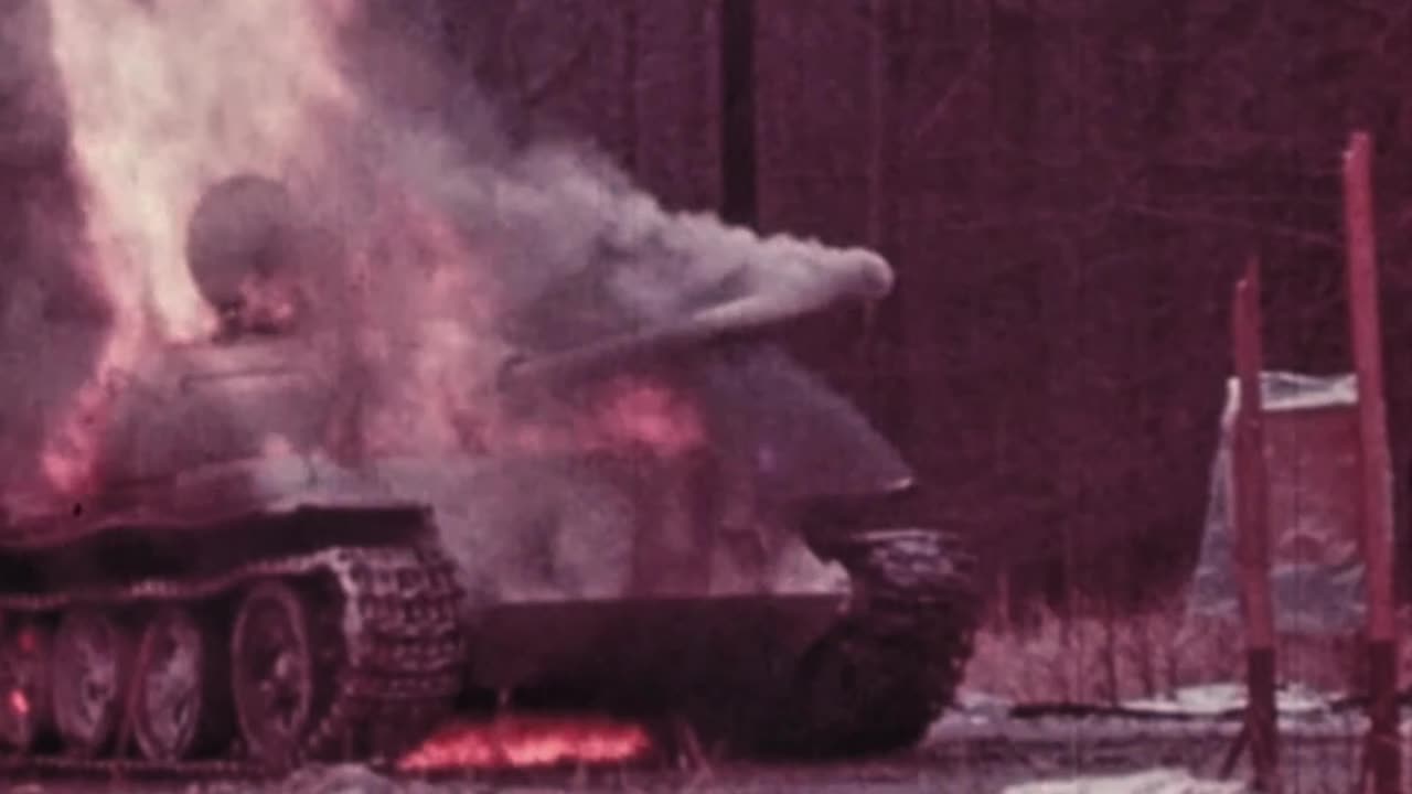 Soviet T-55 tank burns after an armor-piercing shot through the glacis during US trials in 1976