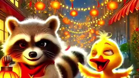 Cute duck and raccoon friendship video