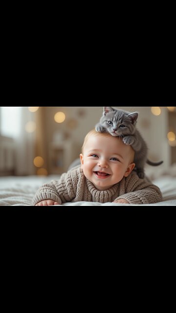 Baby's Joyful Moment with a Playful Kitten on Their Head! 🐾😄✨