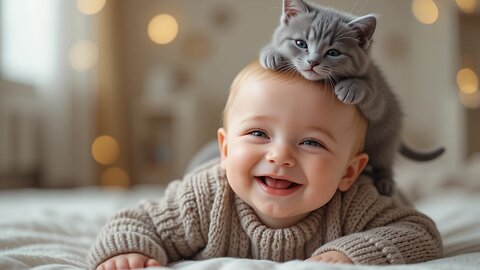 Baby's Joyful Moment with a Playful Kitten on Their Head! 🐾😄✨