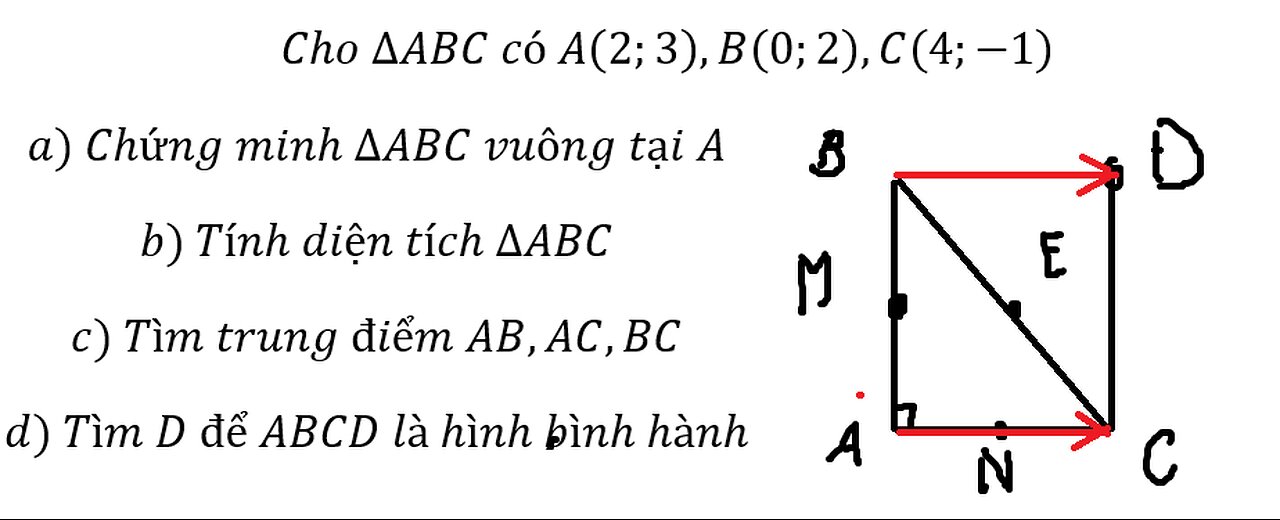 Cho ∆ABC có A(2;3),B(0;2),C(4;-1) a) Chứng minh ∆ABC vuông tại A b) Tính diện tích