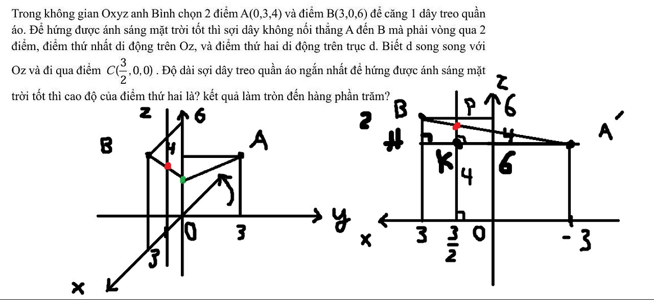 Trong không gian Oxyz anh Bình chọn 2 điểm A(0,3,4) và điểm B(3,0,6) để căng 1 dây treo quần áo