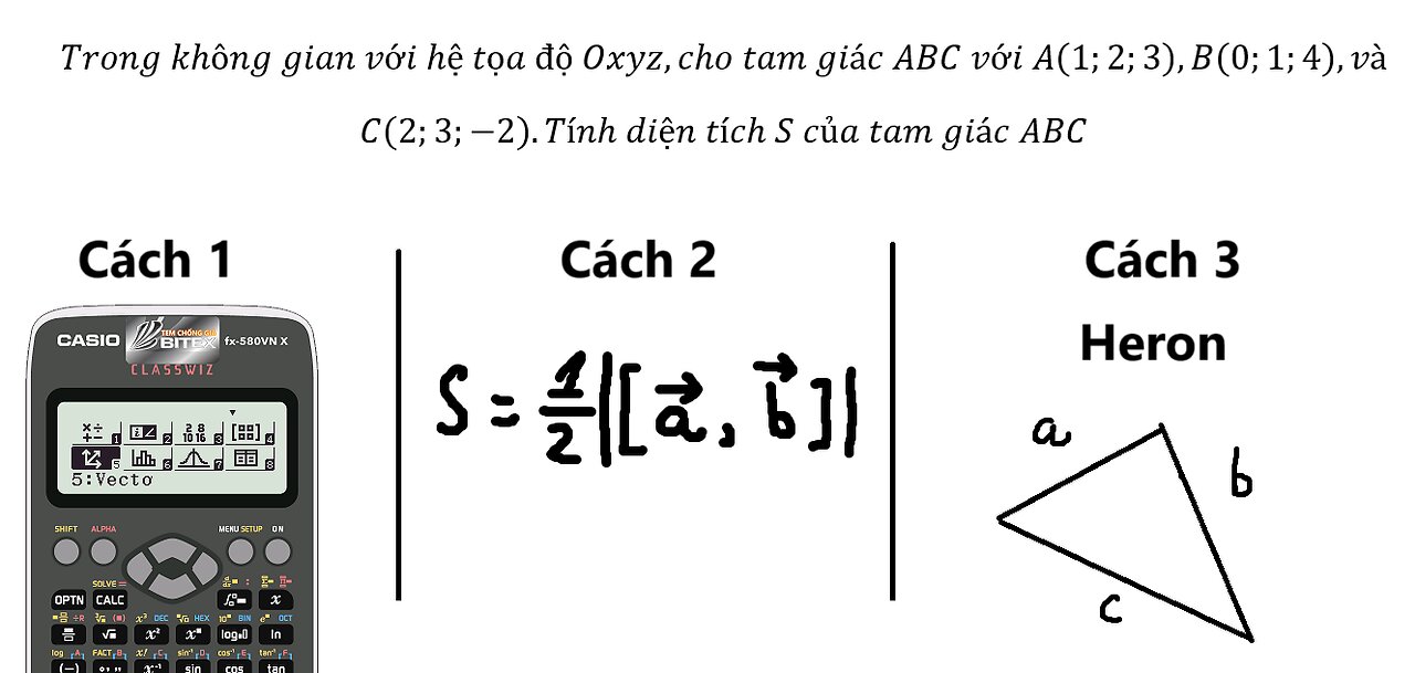 3 cách tính diện tích tam giác Tích vô hướng+Heron trong không gian Oxyz A(1;2;3),B(0;1;4)C(2;3;-2)