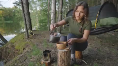 Relaxing by the waterfall and preparing a delicious lunch in the middle of nature