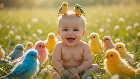 Adorable Baby Surrounded by Colorful Birds: So Much Joy