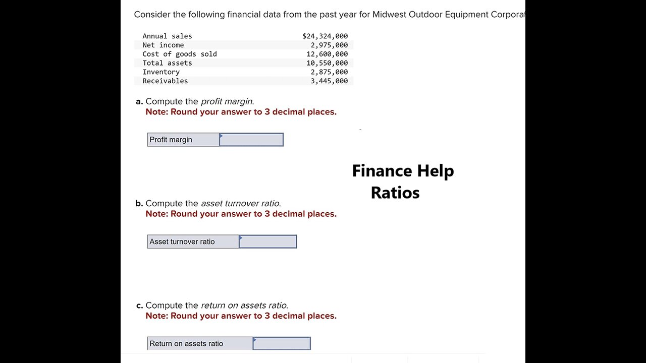 Finance Help: Consider the following financial data from the past year for Midwest Outdoor Equipment