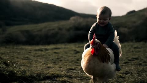 Cute Baby Riding a Gentle Hen in a Magical Cinematic Moment