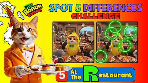 At The Restaurant 🍽️ 👨‍🍳 SPOT THE DIFFERENCE 🥗 🍕 | Quiz Game 📝❓ | Brain Break 🧠 | Banana Cat 😺 |