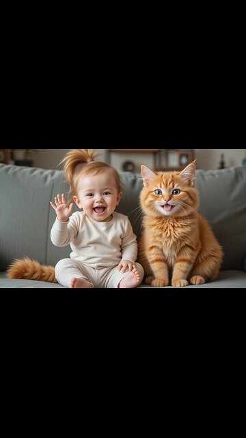 Joyful Baby and Fluffy Cat Share a Fun Moment Together! 🐱❤️😊