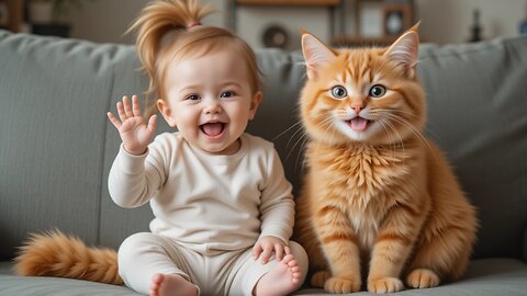 Joyful Baby and Fluffy Cat Share a Fun Moment Together! 🐱❤️😊