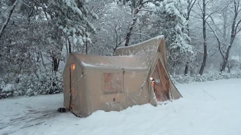 Camping in heavy snow storm with inflatable tent , now & thunder ASMR