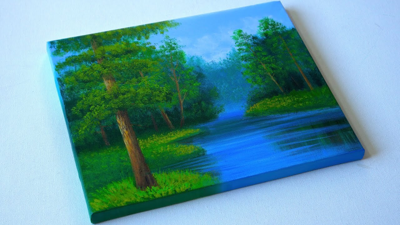 Acrylic painting forest lake _ landscape Scenery Painting