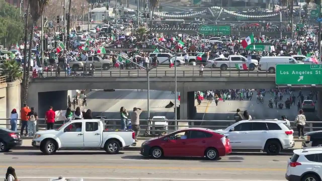 Mass deportation protesters completely blocked 101 Freeway in downtown Los Angeles.