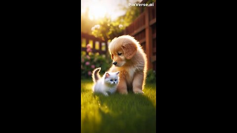 cute puppy playing with kitten