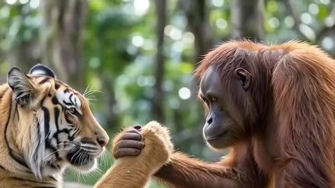 Arm wrestling, tiger challenges gorilla with one hand