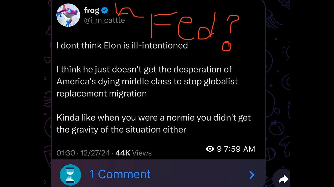 “Elon Musk isn't evil” -Frogwave Frogwave Fed?