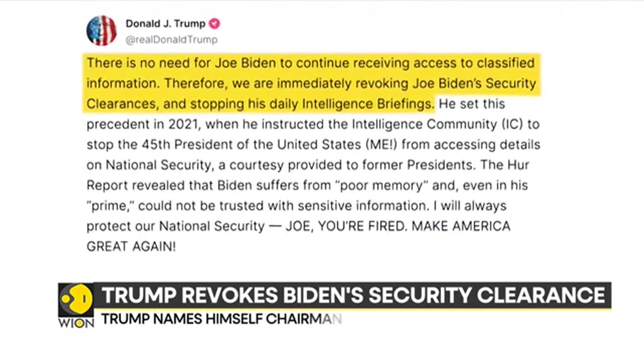 Trump Revokes Biden’s Security Clearance, Ends Intelligence Briefings Access _ W