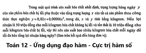 Toán 12: Trong một quá trình sản xuất hóa chất nhất định, trọng lượng hàng ngày y của sản phẩm