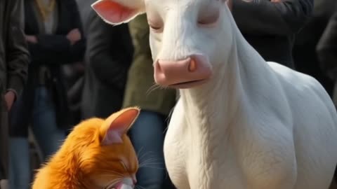 Brave cow help to the poor cat