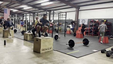 5x5 Back Squat; 10 Thrusters 65lbs, 10 Box Jump Overs 24”