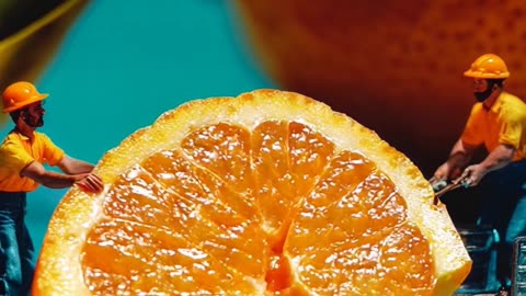 Small workers lift a orange