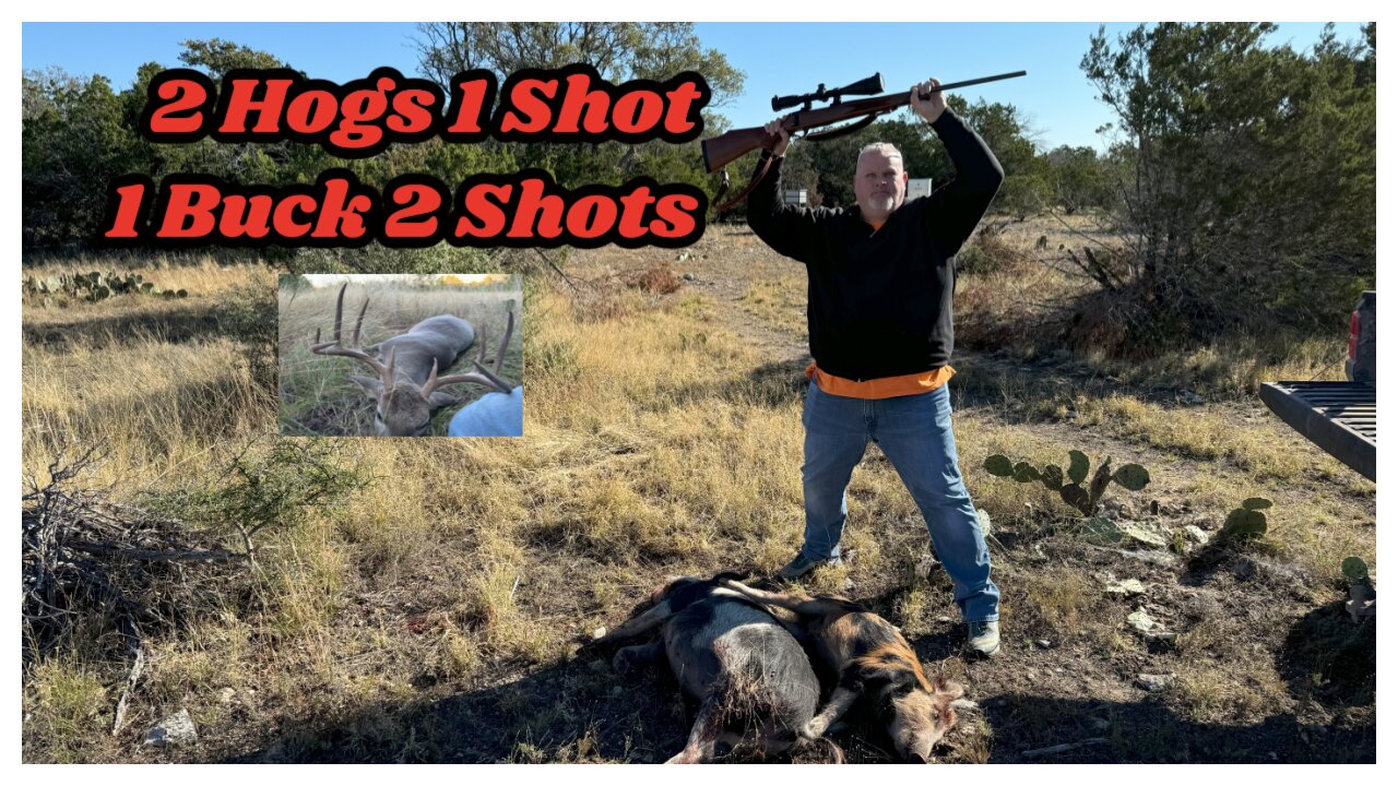 1 SHOT 2 HOGS, 2 SHOTS 1 WIDE BUCK!! Central Texas Hunting 2nd Biggest buck #hunting