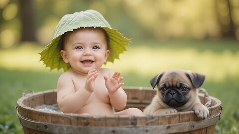 Cheerful Baby and Pug Enjoy Fun in a Leafy Adventure!