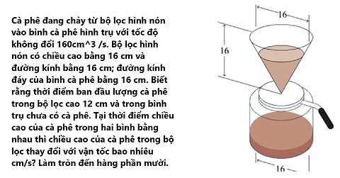 Cà phê đang chảy từ bộ lọc hình nón vào bình cà phê hình trụ với tốc độ không đổi 160 cm^3 /s.