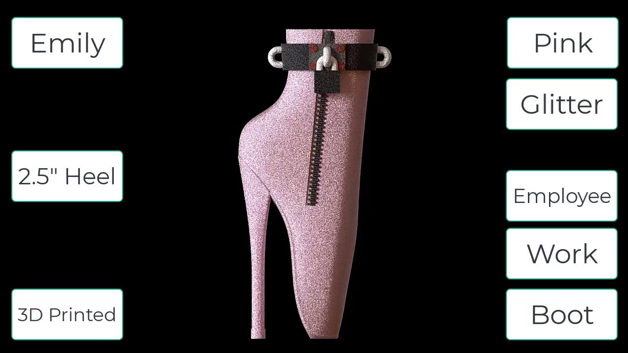 Emily Miniature Ballet Boots in Pink Glitter. Employee Work Boot | 3D Printed Shoes on Turntable