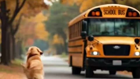 The dog alarms the schoolbus