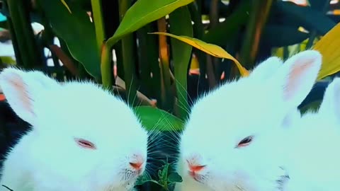 Three cute Rabbits eating grass