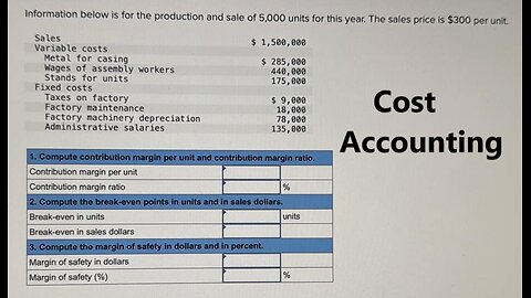 Cost Accounting: Information below is for the production and sale of 5,000 units for this year. The