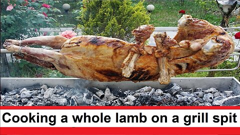 Cooking a whole lamb on a grill spit