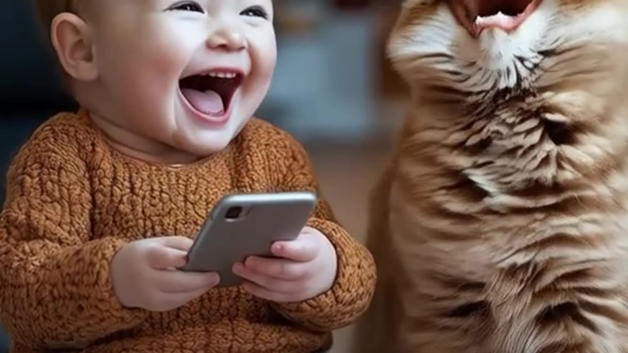 Little boy playing cellphone with cat