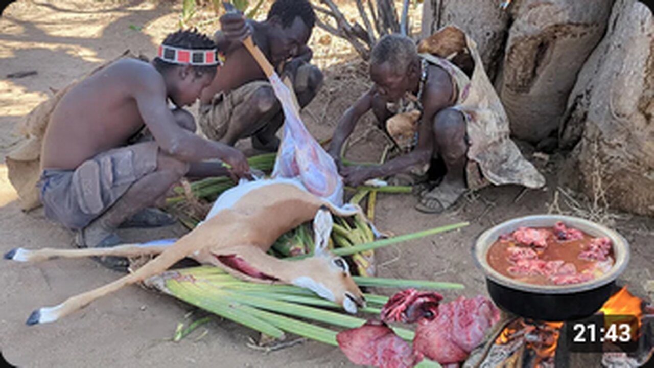 Hadzabe tribe hunting Antelope and Cooking lunch.