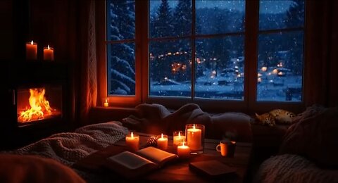 Gentle Wind & Snowy Winter Night in a Cozy Cabin | Crackling Fireplace & Sleeping Cat