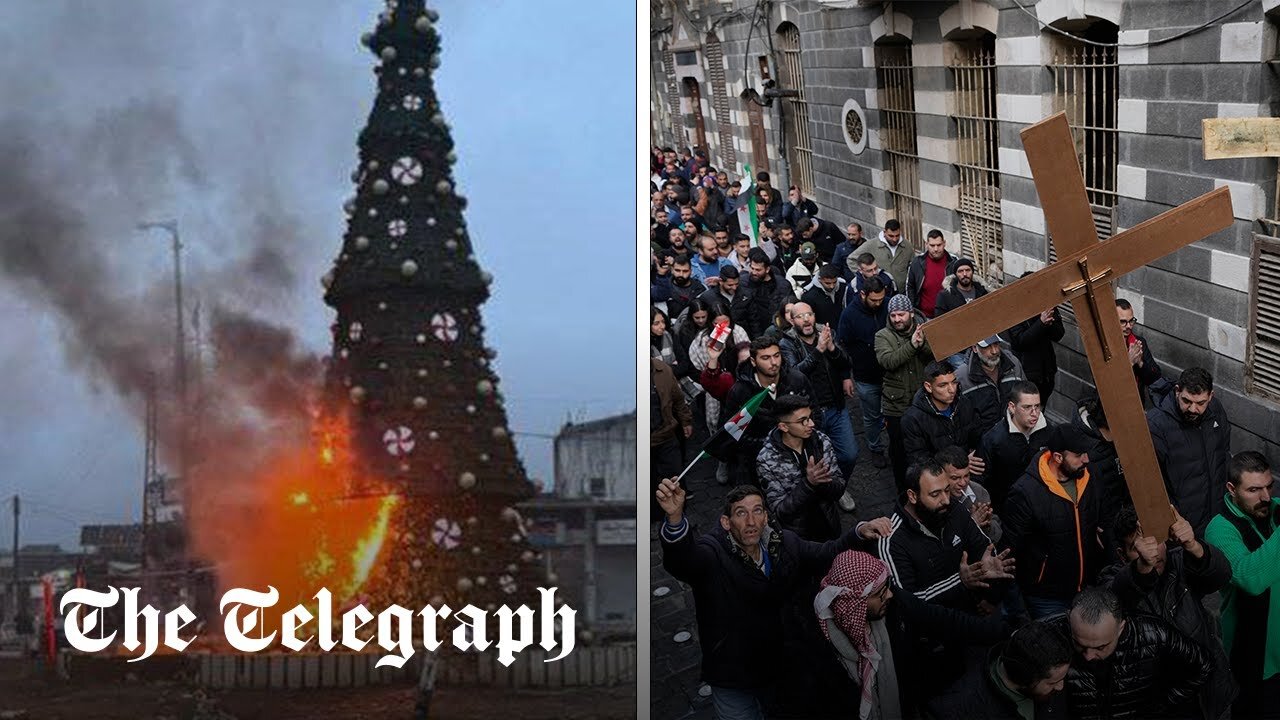 Christmas tree set on fire triggers protests in Syria